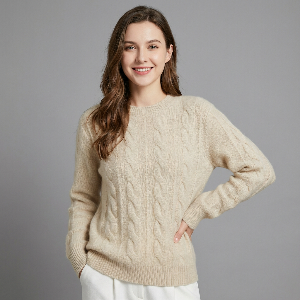 Woman wearing a cream cable knit jumper