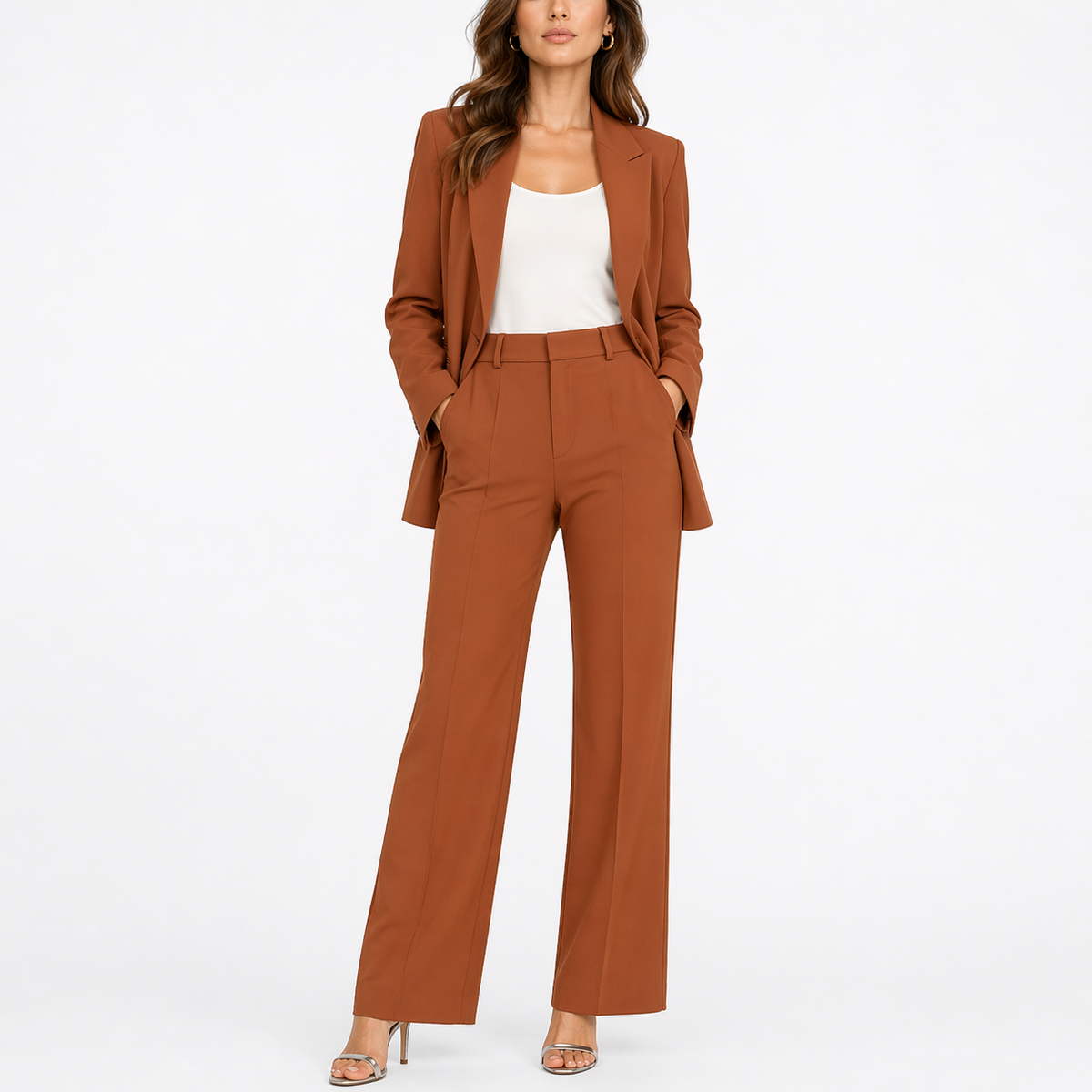 Woman wearing a rust two piece blazer and straight leg trouser set