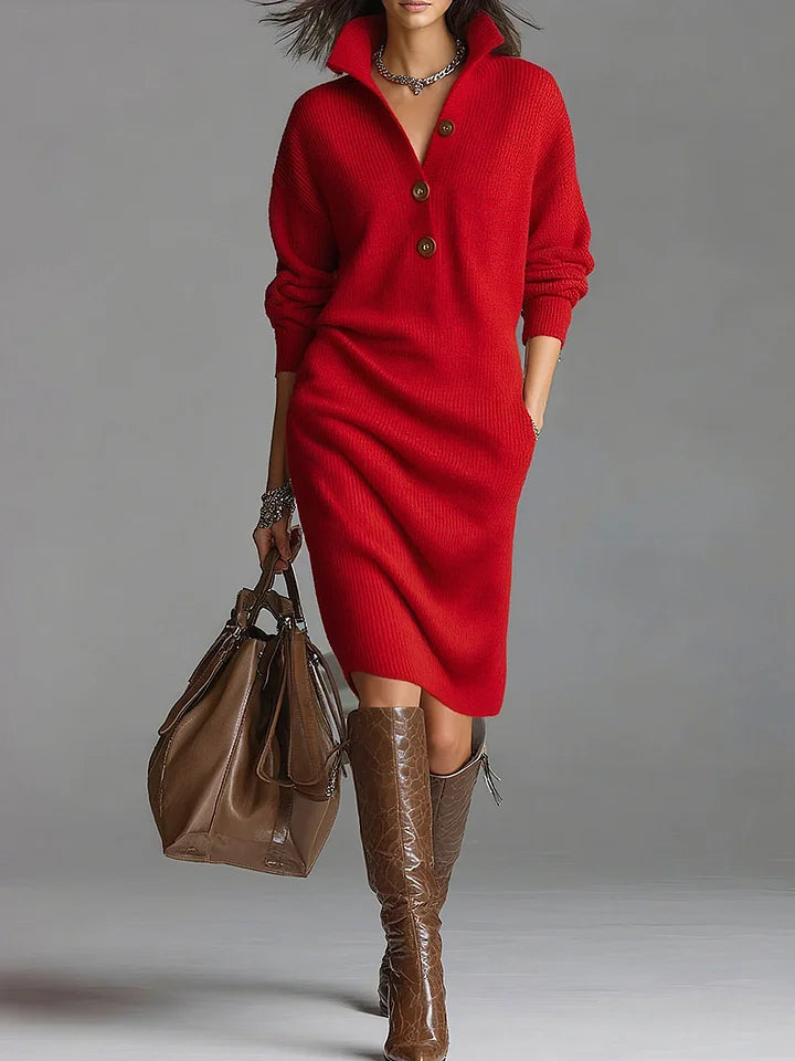 Janice Women Ribbed Knit Button Collar Jumper Dress, colour: Red