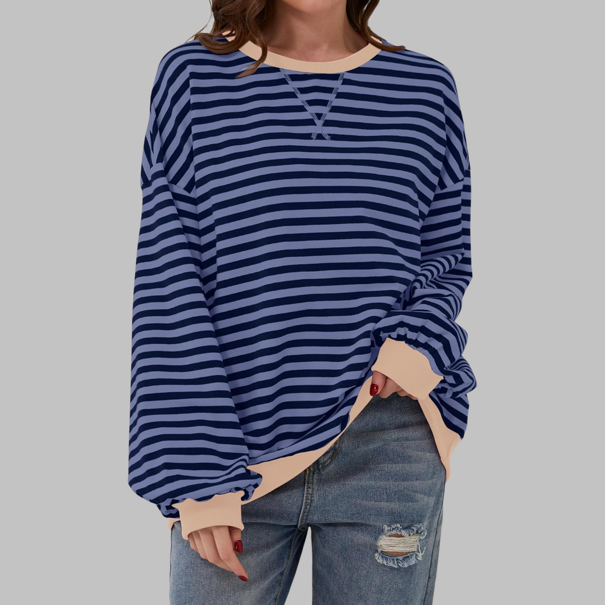 Cora Women Striped Round Neck Sweatshirt, colour: Blue