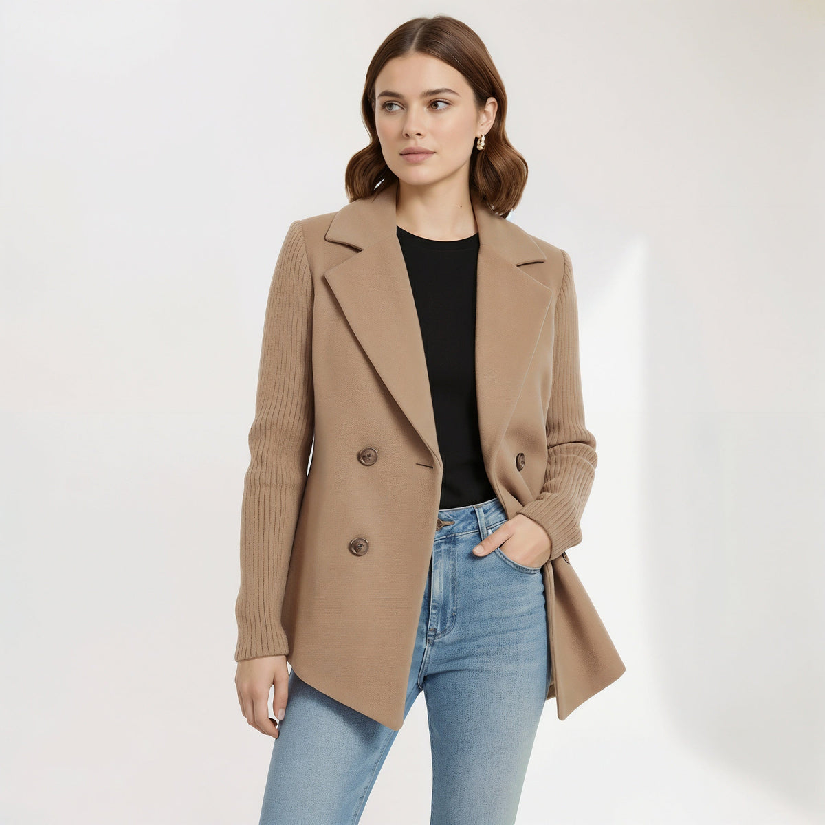 Sasha Women Knit Sleeve Casual Blazer, colour: Brown