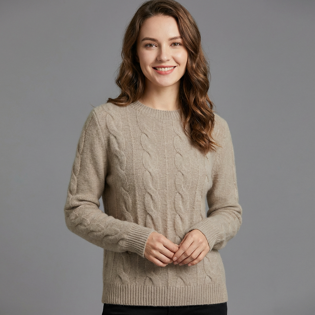 Florence Women Cable Knit Crew Neck Jumper, colour: Khaki