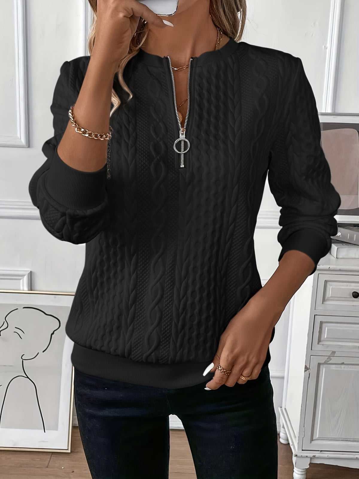 Amy Women Textured Half Zip Jumper, colour: Black