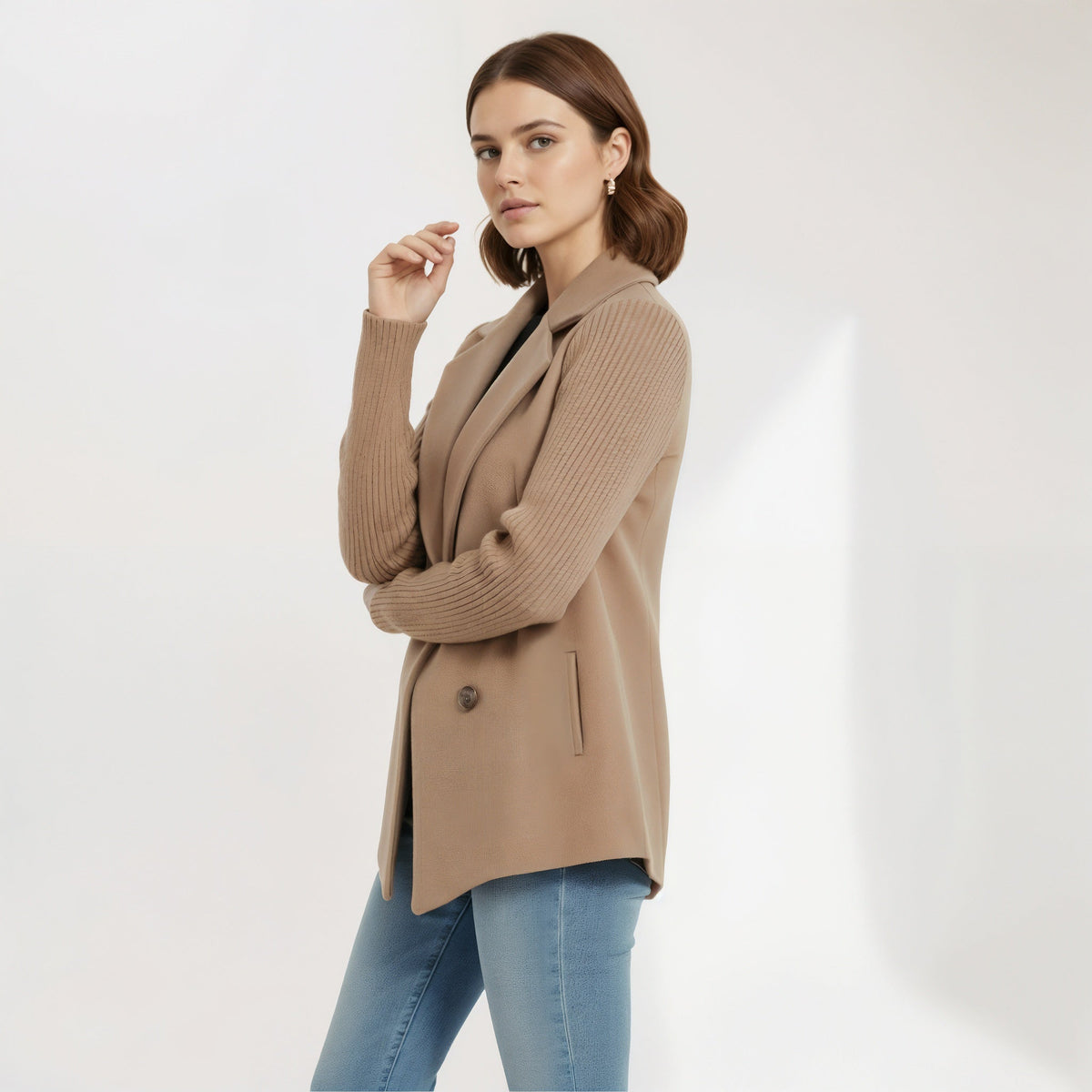 Sasha Women Knit Sleeve Casual Blazer, colour: Brown