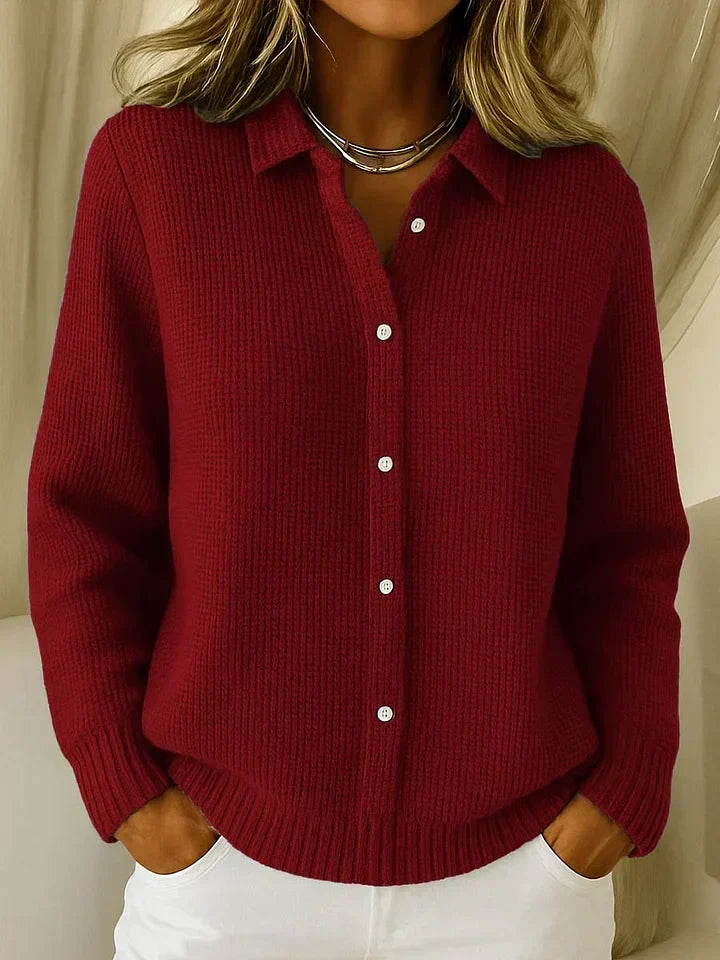 Annabel Women Collared Button Front Knit Cardigan, colour: Dark Red