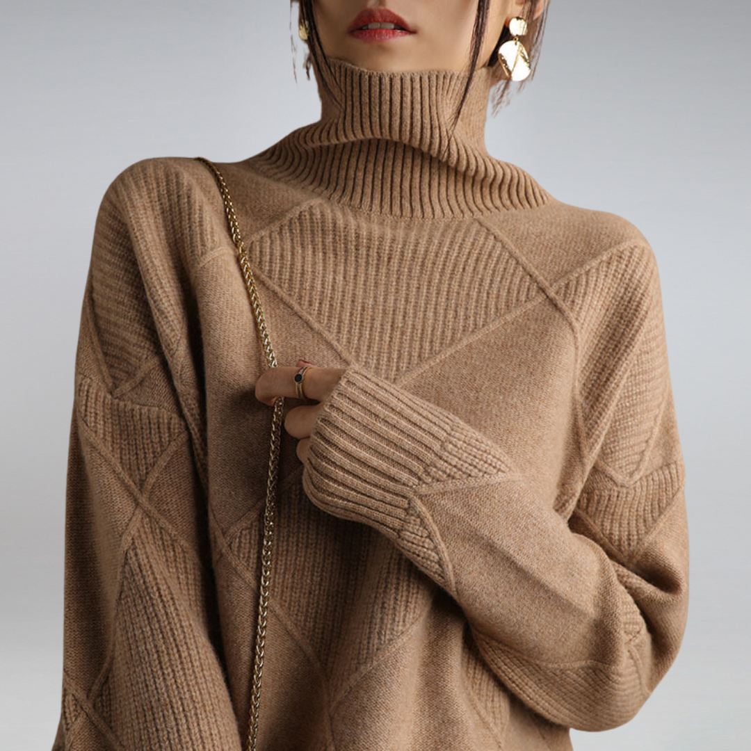 Adele Women Oversized Ribbed Turtleneck Jumper, colour: Brown