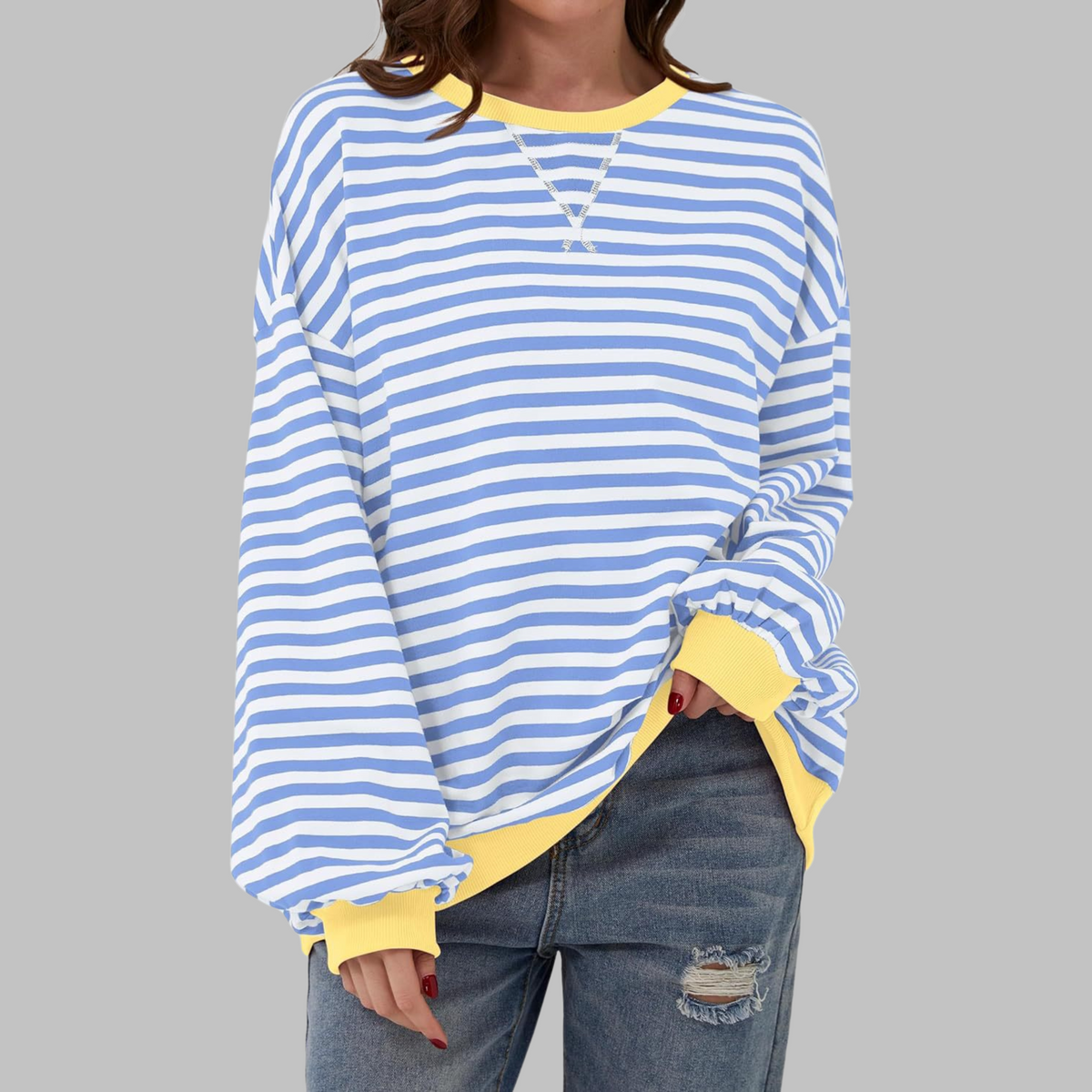 Cora Women Striped Round Neck Sweatshirt, colour: Sky Blue