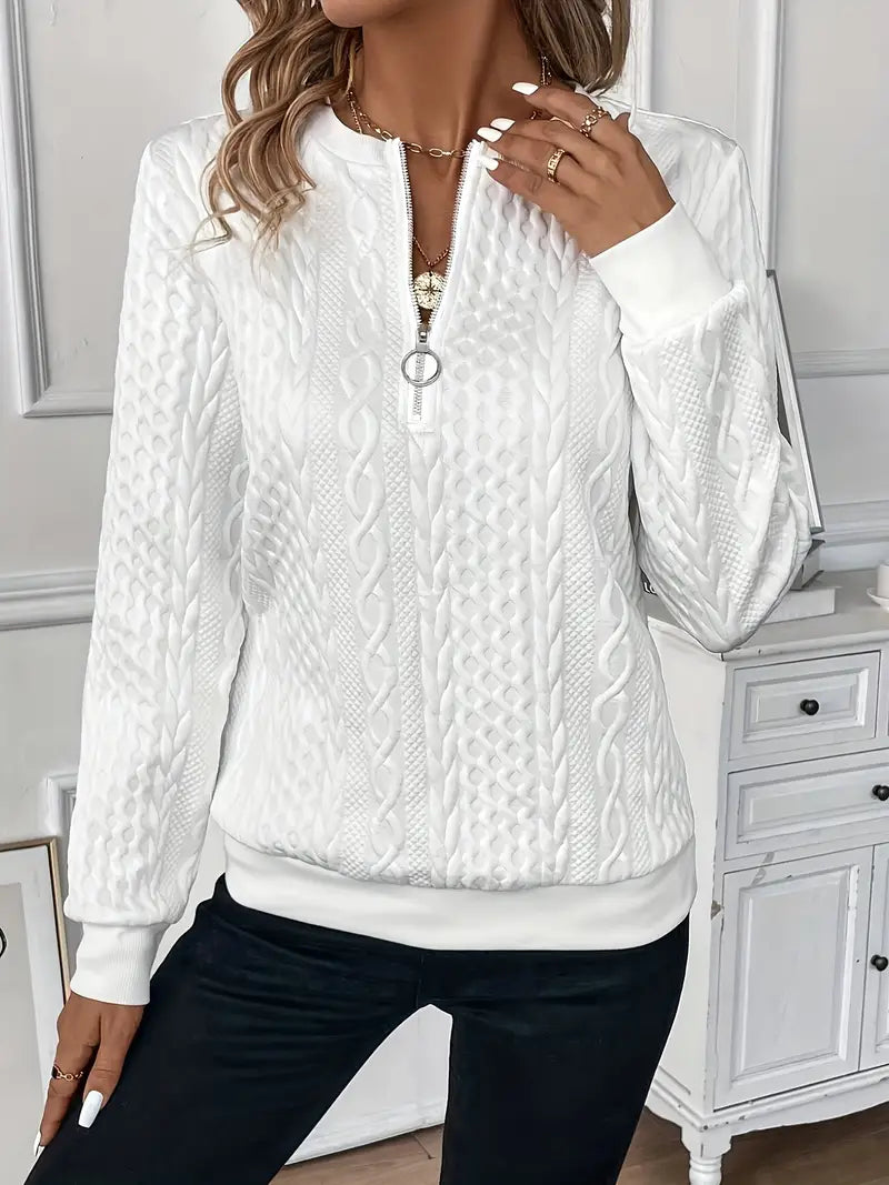 Amy Women Textured Half Zip Jumper, colour: White with White Zipper