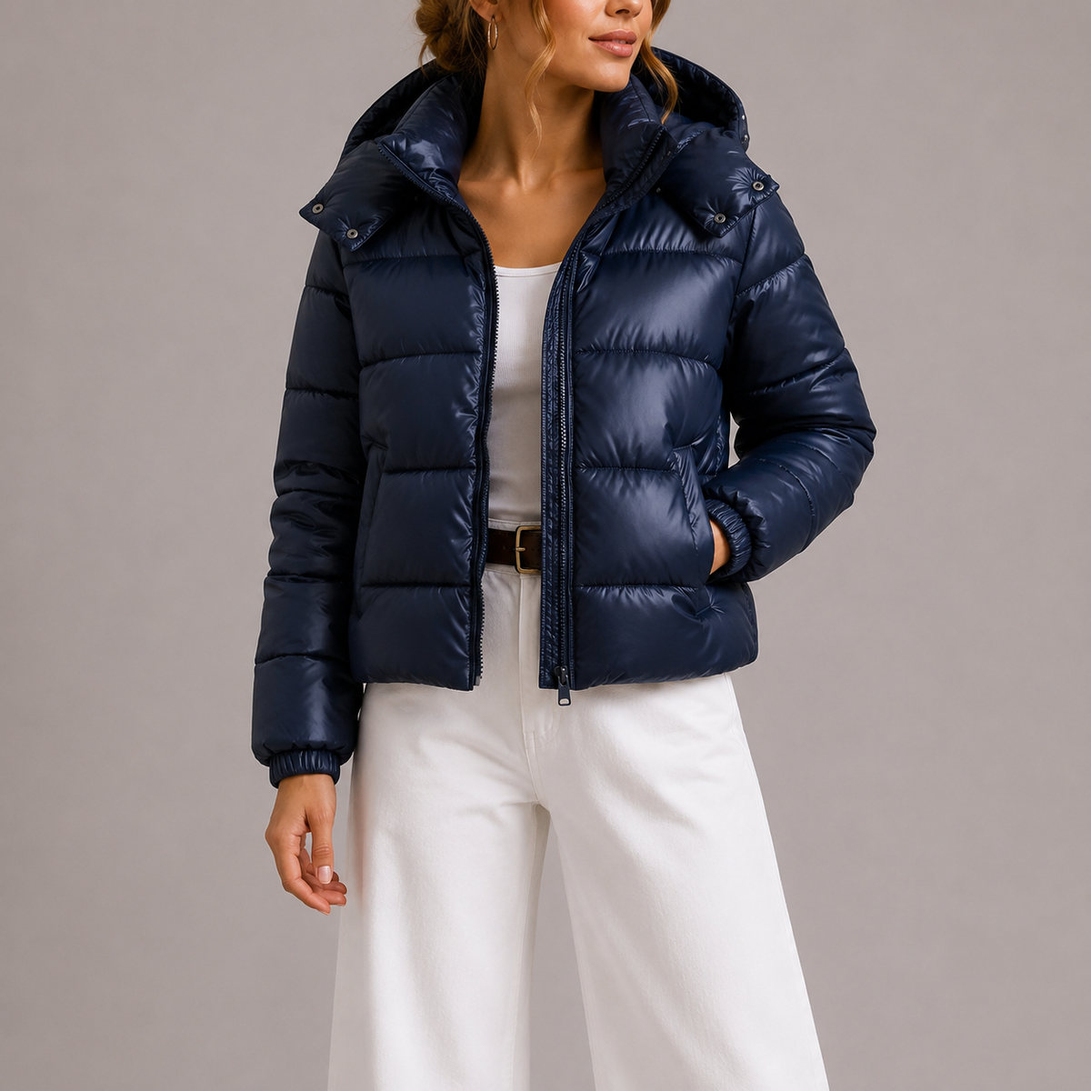 Hannah Women Glossy Hooded Puffer Jacket, colour: Navy