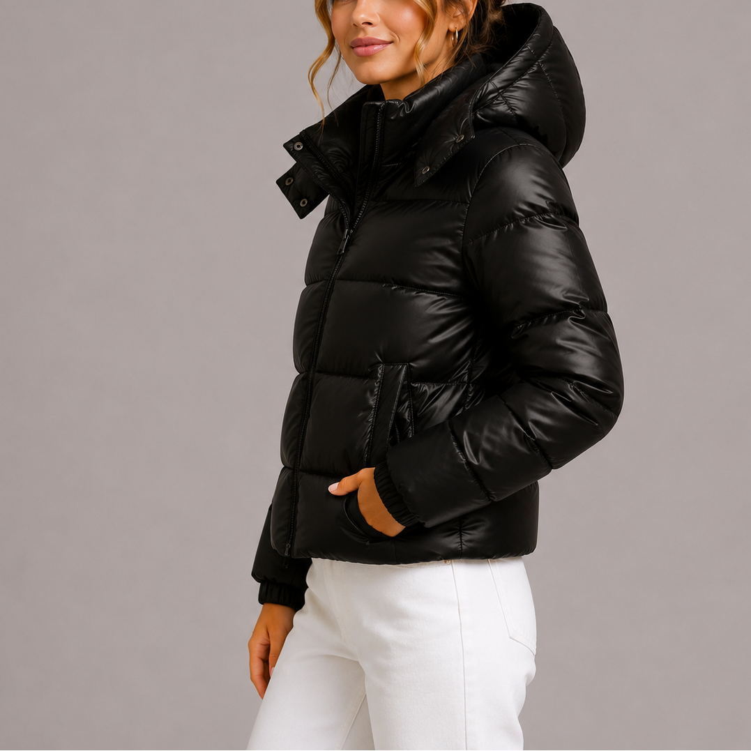 Hannah Women Glossy Hooded Puffer Jacket, colour: Black
