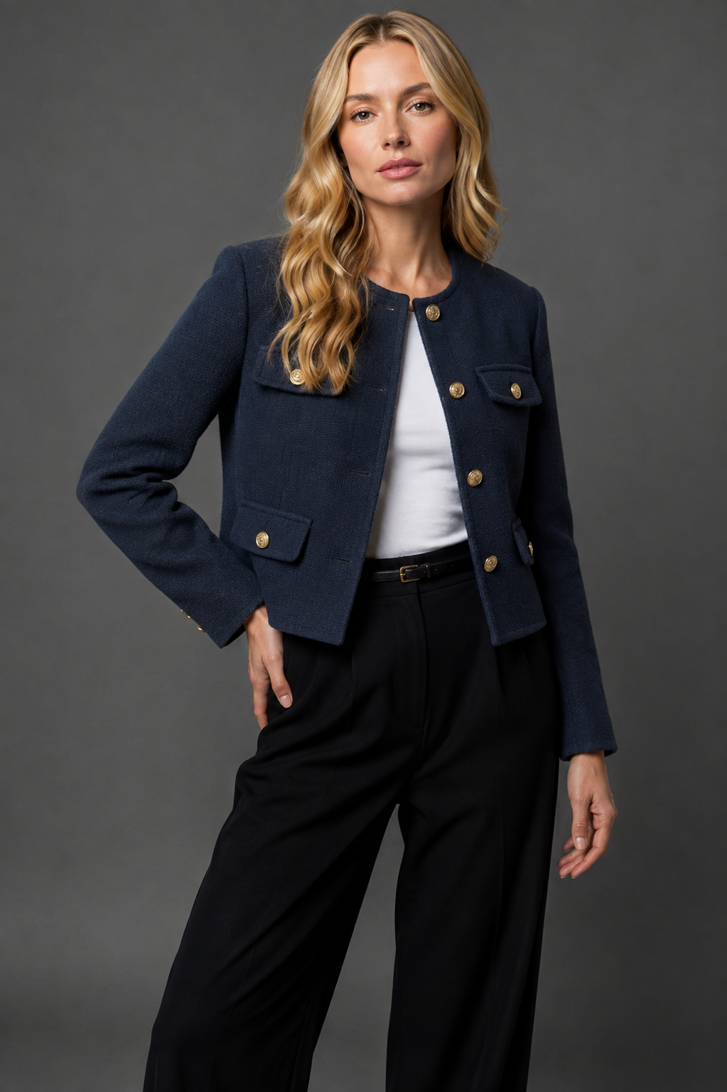 Marnie Women Cropped Collarless Tweed Blazer, colour: Navy Blue