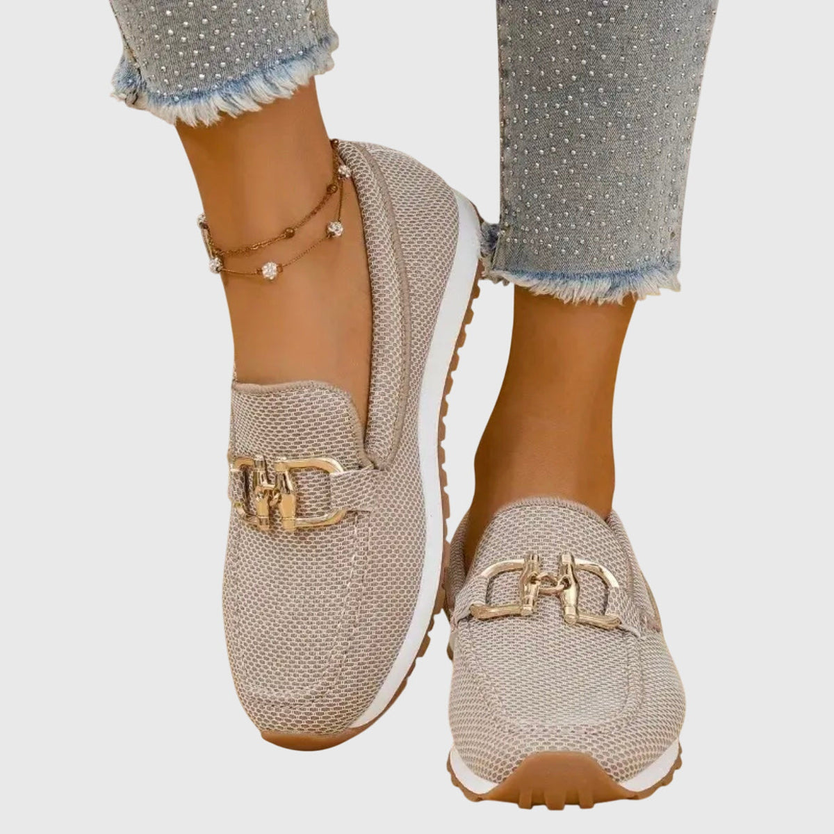 Alice Women Textured Buckle Slip On Loafers, colour: Beige