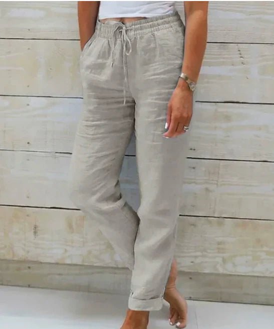 Poppy Women Linen Look Drawstring Straight Leg Pants, colour: Grey