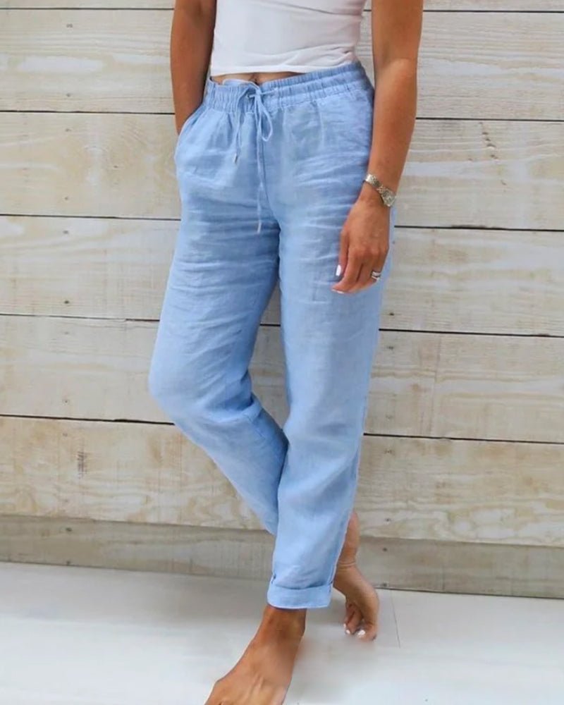 Poppy Women Linen Look Drawstring Straight Leg Pants, colour: Blue