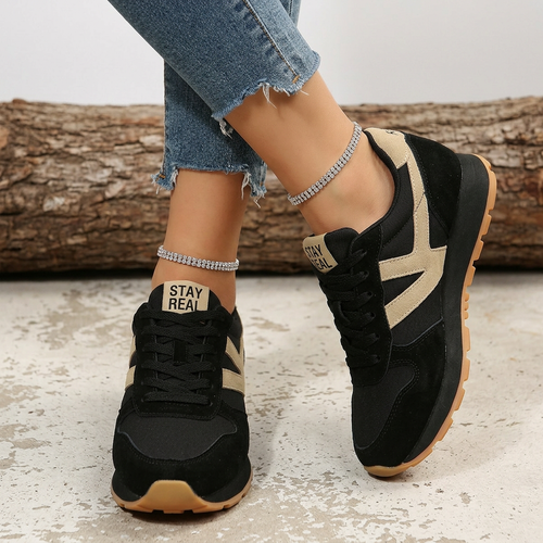 Isla Women Retro Lace Up Sneakers, colour: Black & Beige