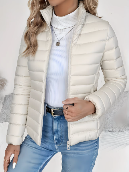 Bridget Women Stand Collar Quilted Zip Jacket, colour: Cream