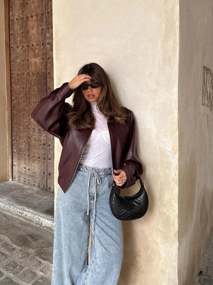 Lottie Women Oversized Faux Leather Jacket, colour: Burgundy