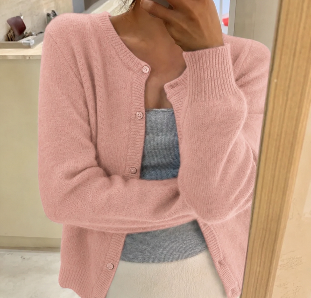 Rosie Women Fluffy Knit Crew Neck Cardigan, colour: Light Pink