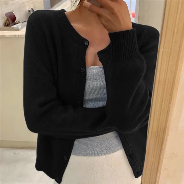 Rosie Women Fluffy Knit Crew Neck Cardigan, colour: Black