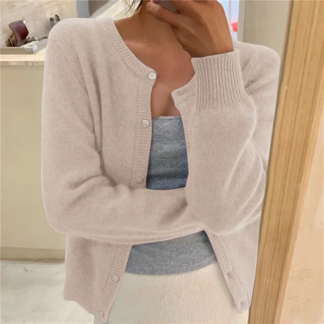 Rosie Women Fluffy Knit Crew Neck Cardigan, colour: Beige