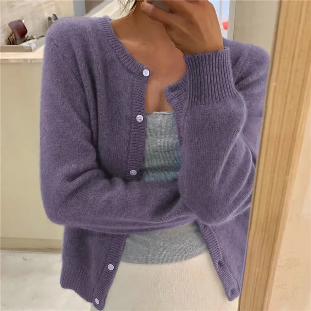 Rosie Women Fluffy Knit Crew Neck Cardigan, colour: Purple