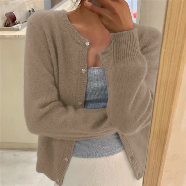 Rosie Women Fluffy Knit Crew Neck Cardigan, colour: Khaki
