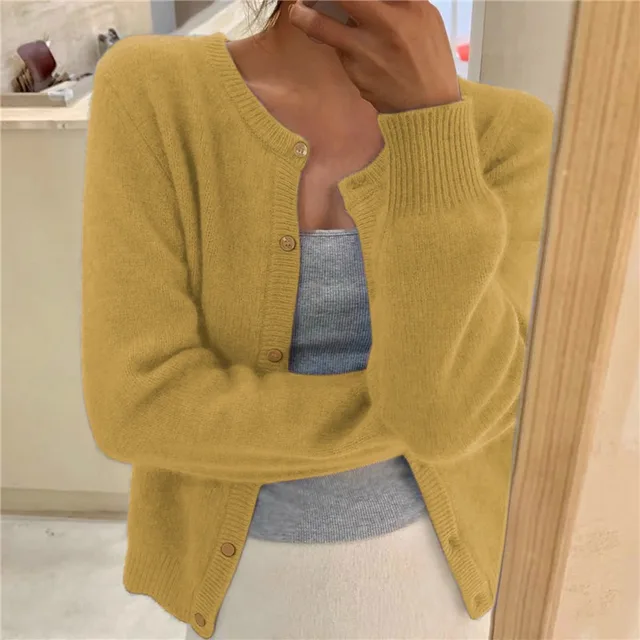 Rosie Women Fluffy Knit Crew Neck Cardigan, colour: Yellow