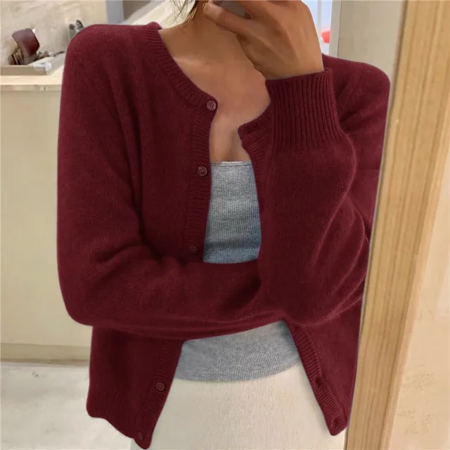 Rosie Women Fluffy Knit Crew Neck Cardigan, colour: Burgundy