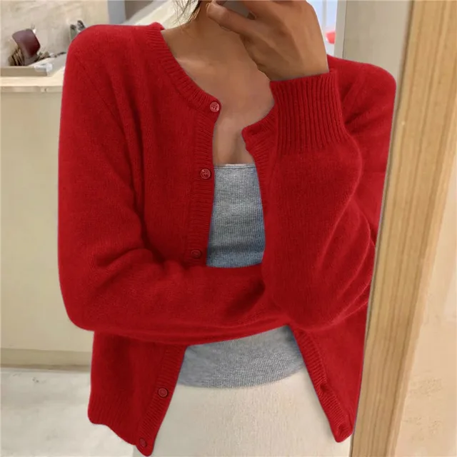 Rosie Women Fluffy Knit Crew Neck Cardigan, colour: Red