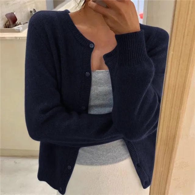 Rosie Women Fluffy Knit Crew Neck Cardigan, colour: Navy