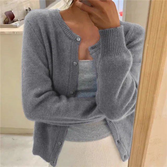 Rosie Women Fluffy Knit Crew Neck Cardigan, colour: Grey
