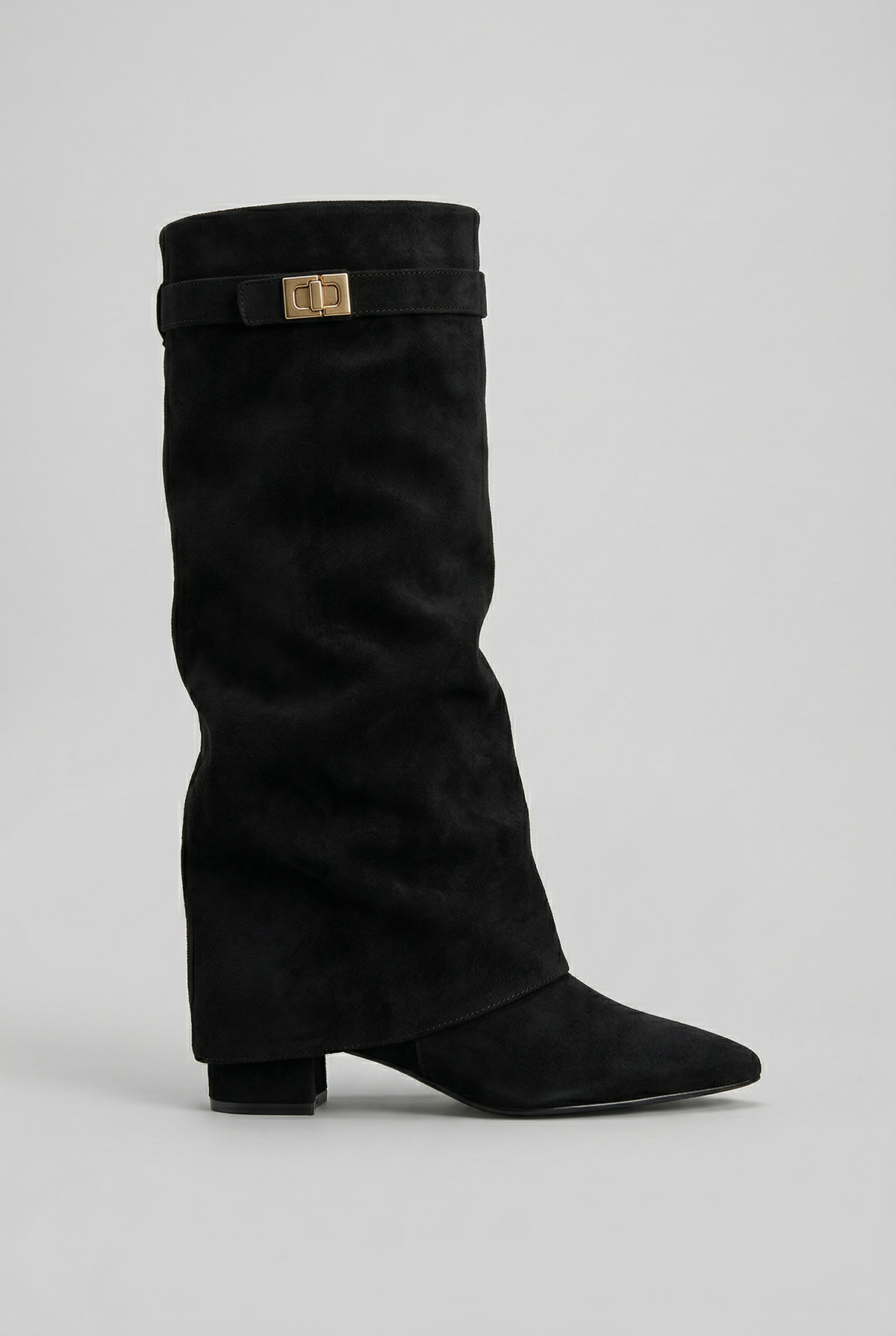 Olivia Women Fold Over Knee High Block Heel Boots, colour: Black (Suede Look)