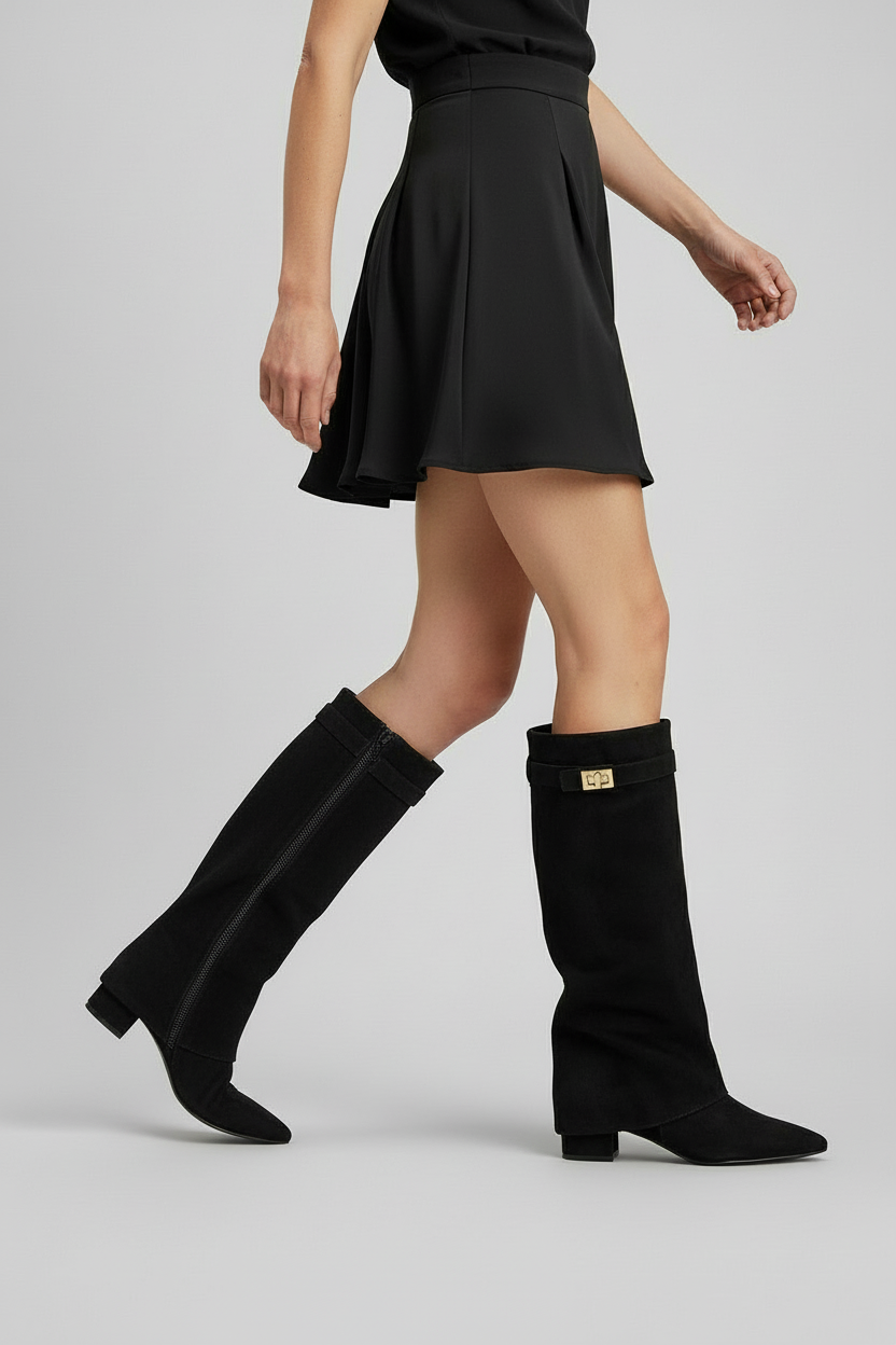 Olivia Women Fold Over Knee High Block Heel Boots, colour: Black (Suede Look)