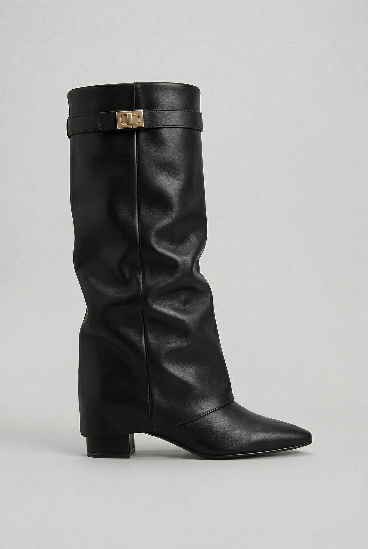Olivia Women Fold Over Knee High Block Heel Boots, colour: Black (Leather Look)