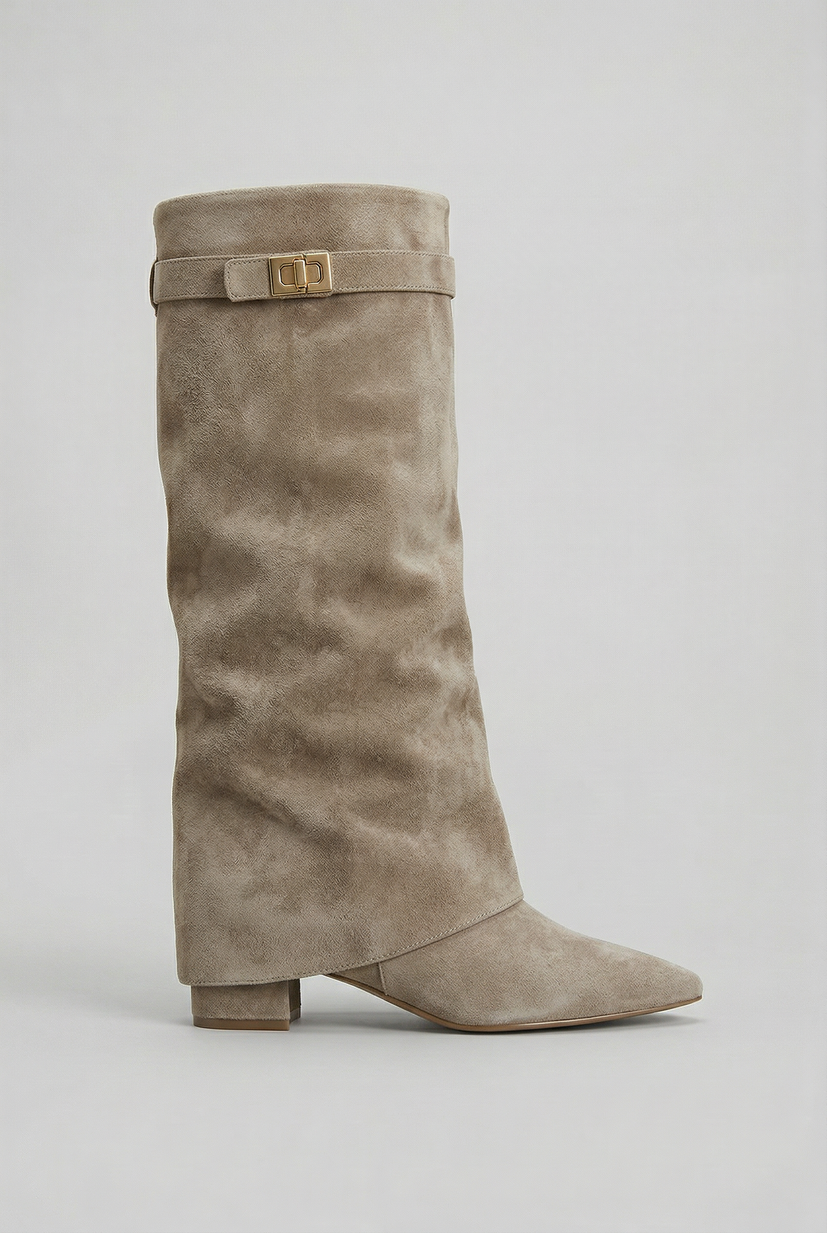 Olivia Women Fold Over Knee High Block Heel Boots, colour: Taupe (Suede Look)