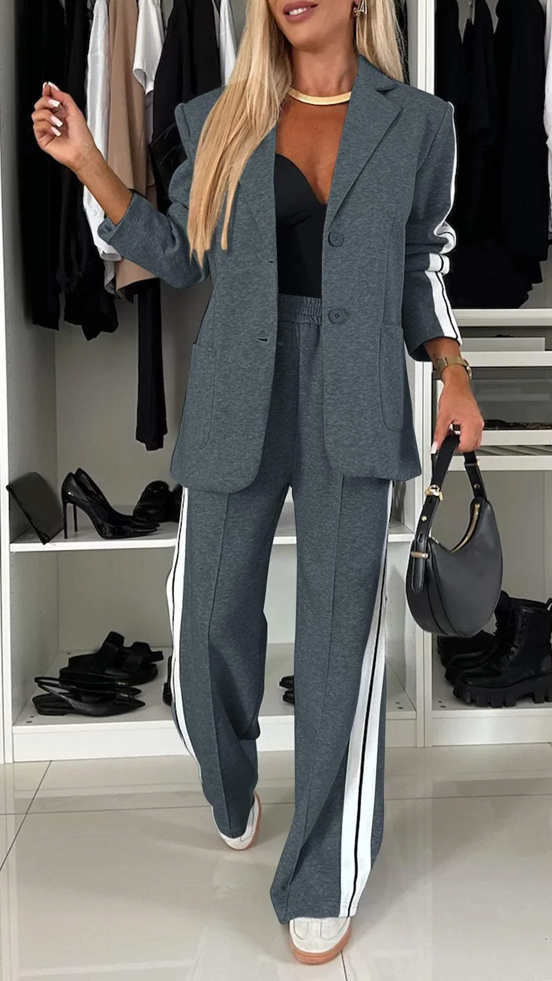 Lydia Women Side Stripe Two Piece Pantsuit, colour: Dark Grey