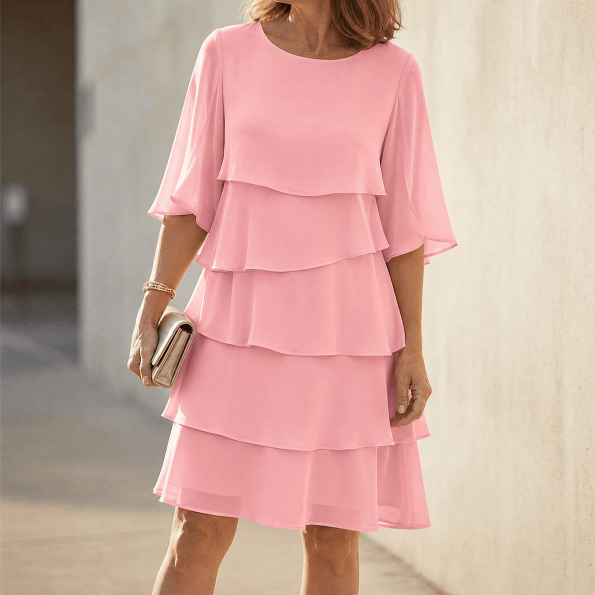 Abigail Women Tiered Ruffle Short Sleeve Dress, colour: Pink