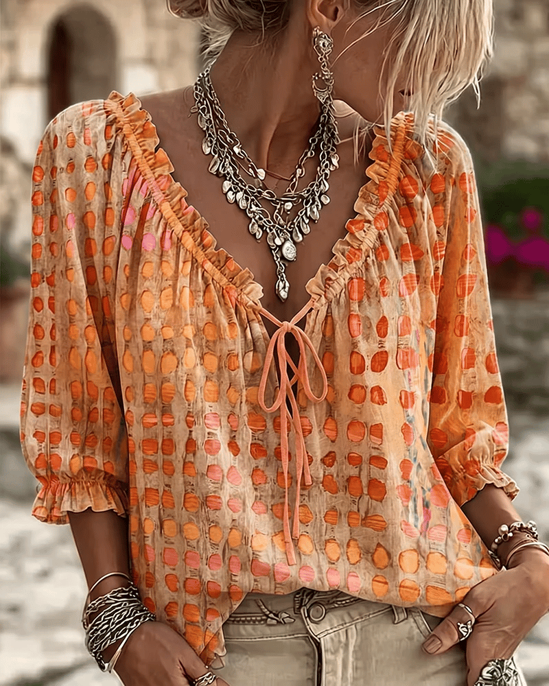 Ada Women Printed Lace Up V Neck Puff Sleeve Blouse, colour: Orange