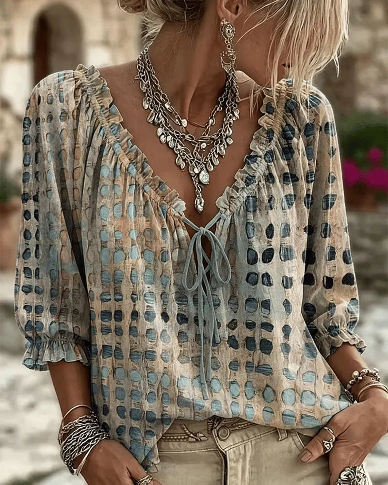 Ada Women Printed Lace Up V Neck Puff Sleeve Blouse, colour: Blue
