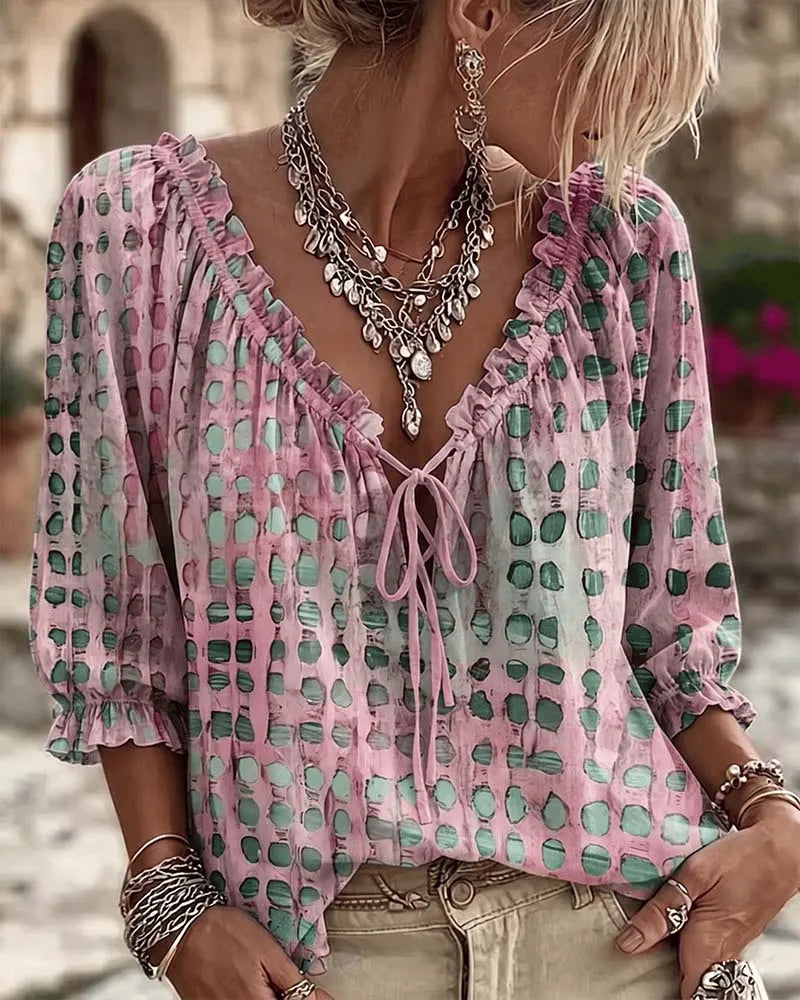 Ada Women Printed Lace Up V Neck Puff Sleeve Blouse, colour: Pink