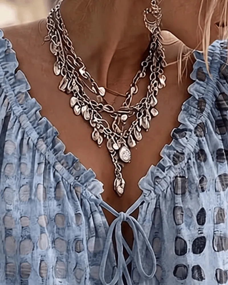 Ada Women Printed Lace Up V Neck Puff Sleeve Blouse, colour: Misty Blue