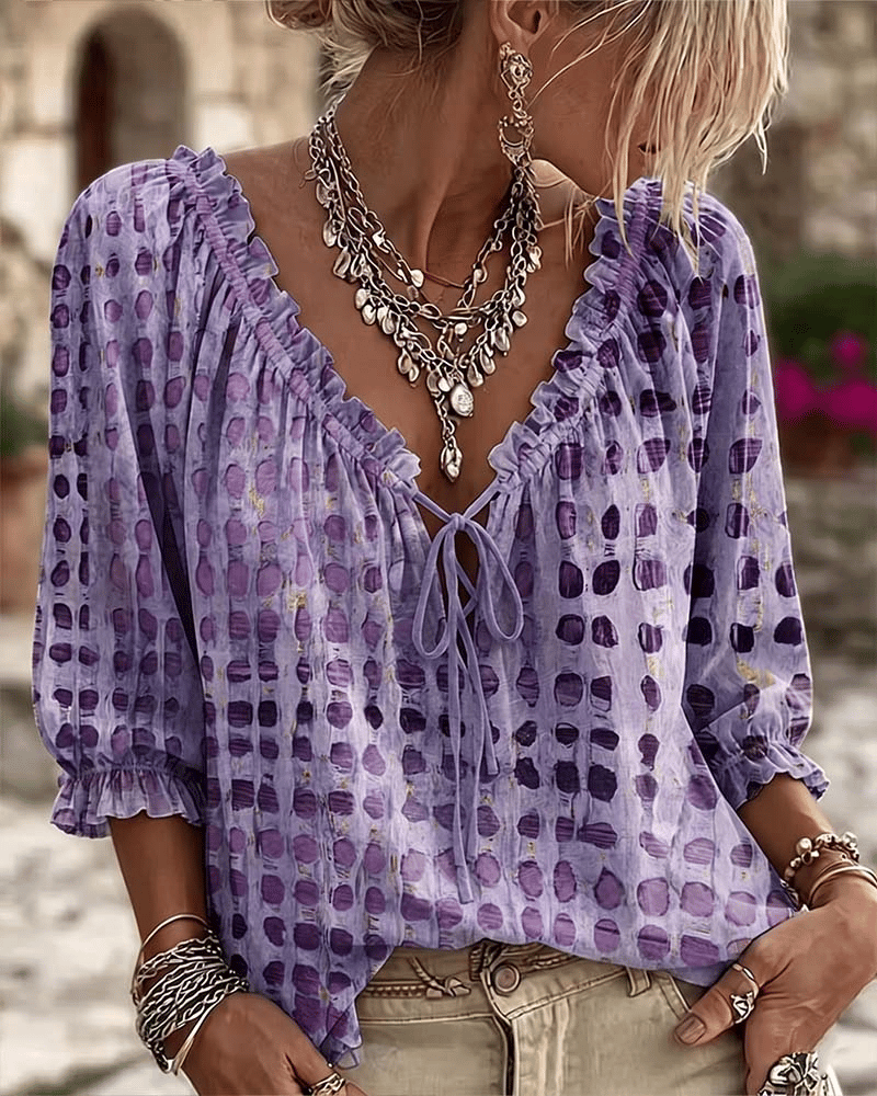 Ada Women Printed Lace Up V Neck Puff Sleeve Blouse, colour: Purple