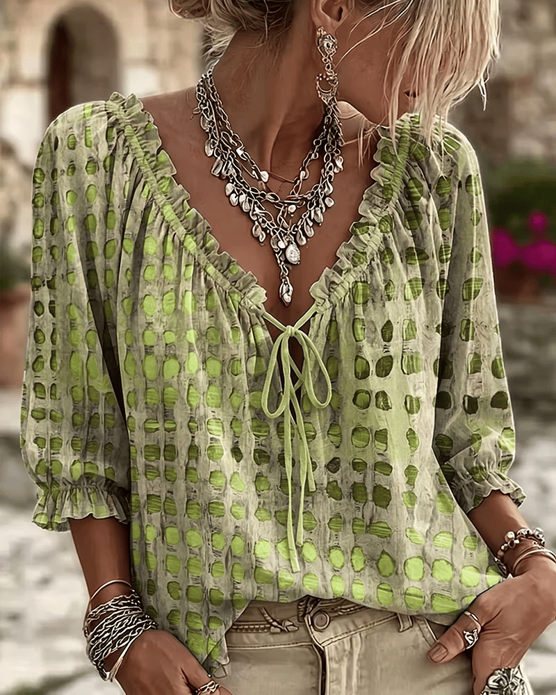 Ada Women Printed Lace Up V Neck Puff Sleeve Blouse, colour: Green