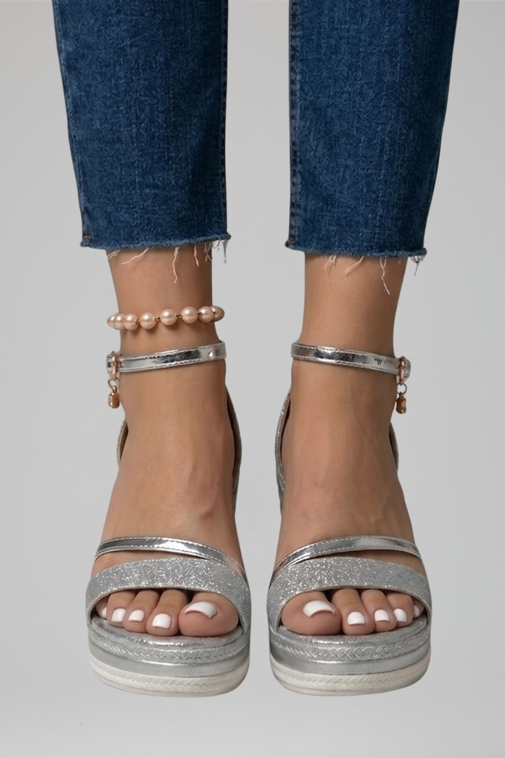 Amelia Women Ankle Strap Platform Wedge Sandals, colour: Silver