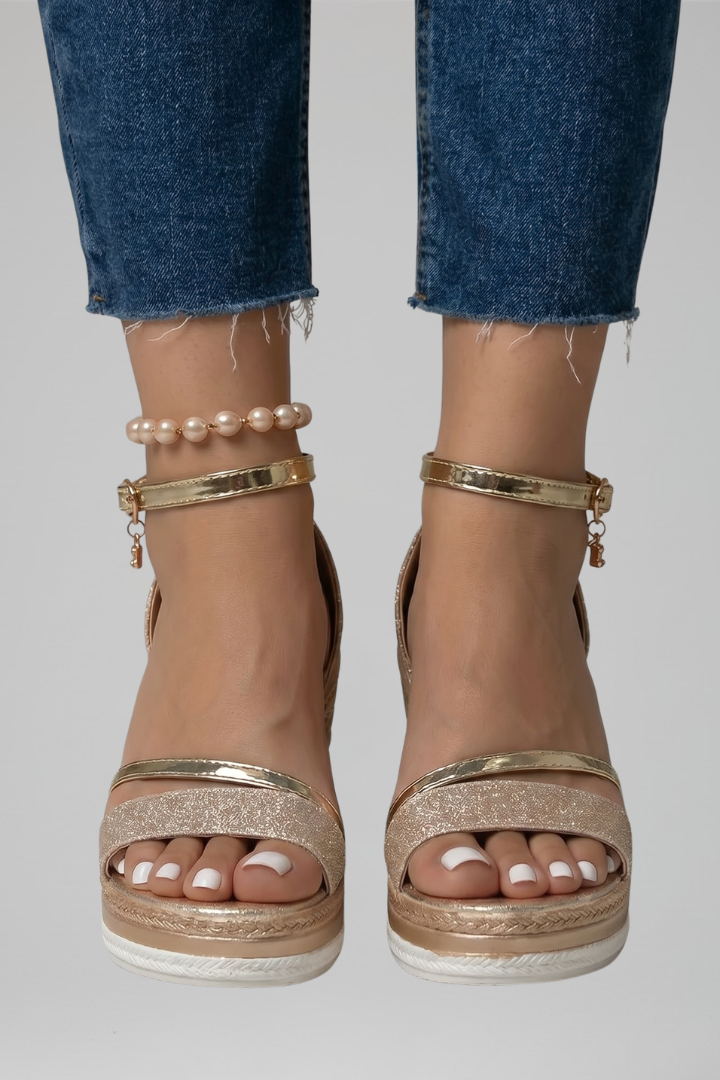 Amelia Women Ankle Strap Platform Wedge Sandals, colour: Gold
