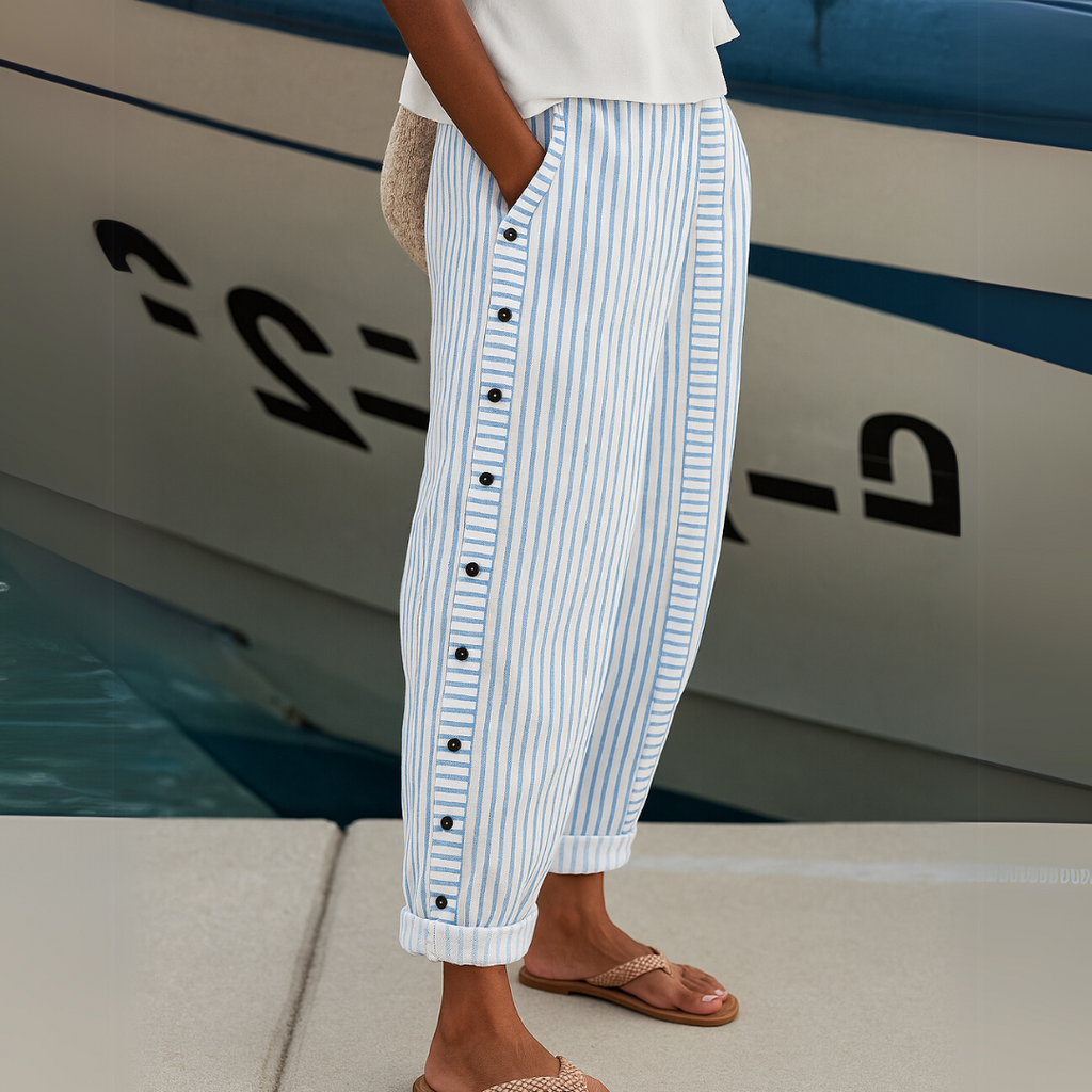 Annie Women Striped Button Detail Cropped Pants, colour: Blue