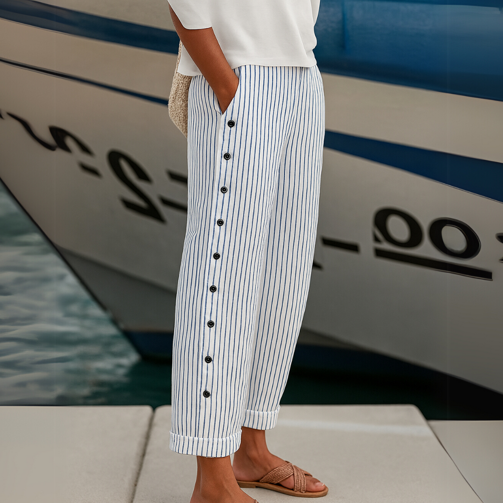 Annie Women Striped Button Detail Cropped Pants, colour: Grey