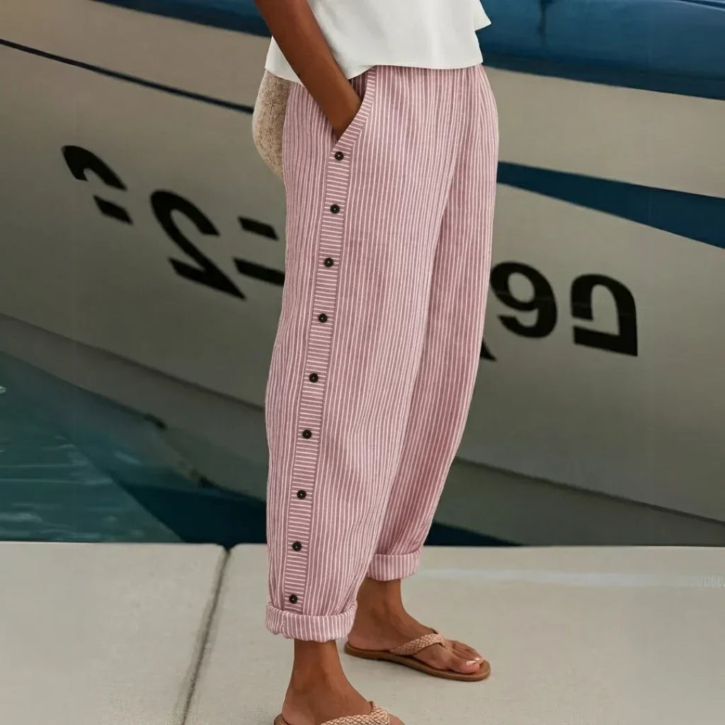 Annie Women Striped Button Detail Cropped Pants, colour: Pink