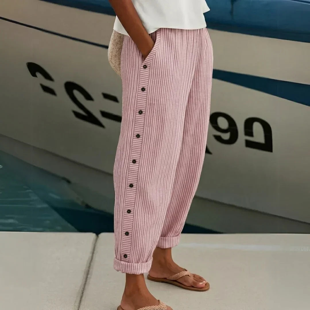 Annie Women Striped Button Detail Cropped Pants, colour: Pink