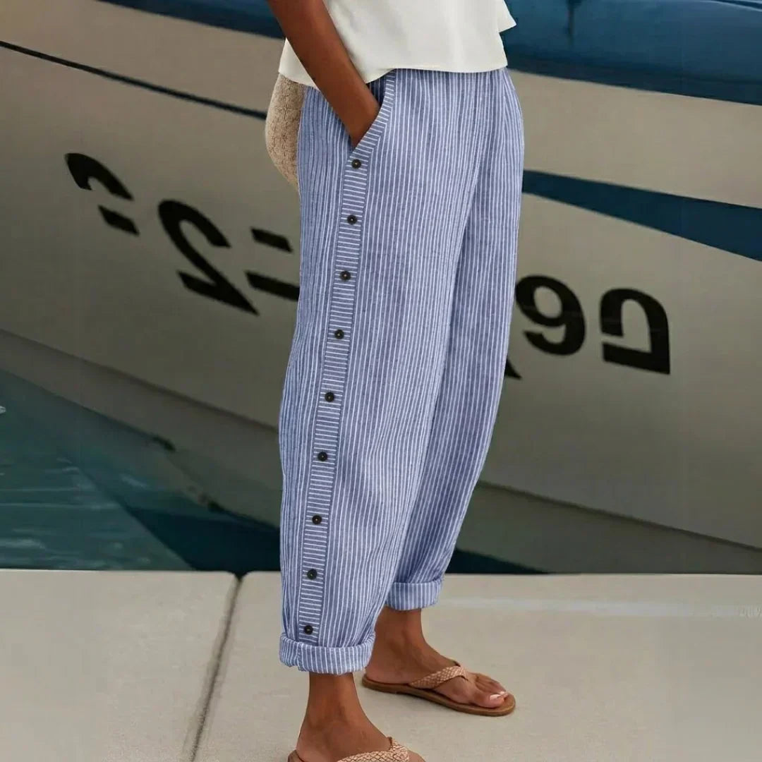 Annie Women Striped Button Detail Cropped Pants, colour: Dark Blue